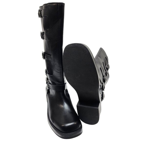 Wild Table Black Leather Knee-High Boot Side Buckles Zipper Closure Women SZ 10 - Picture 7 of 7